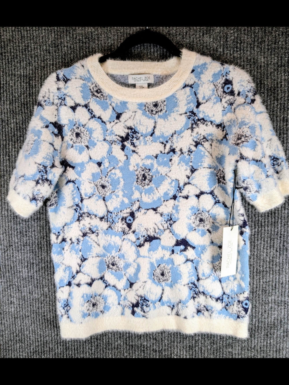 NWT Rachel Zoe Blue White Floral Eyelash Knit Short Sleeve Sweater Size M - Picture 1 of 7
